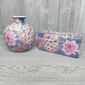 Kiln art pottery box & vase pastel textured floral